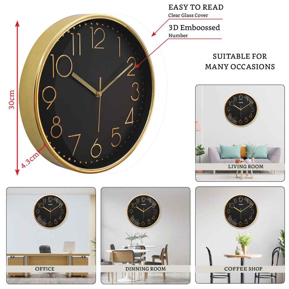 Homeharmony 12 Inch Modern Plastic Stylish Non Ticking Silent Analog Wall Clock - Balck and Gold