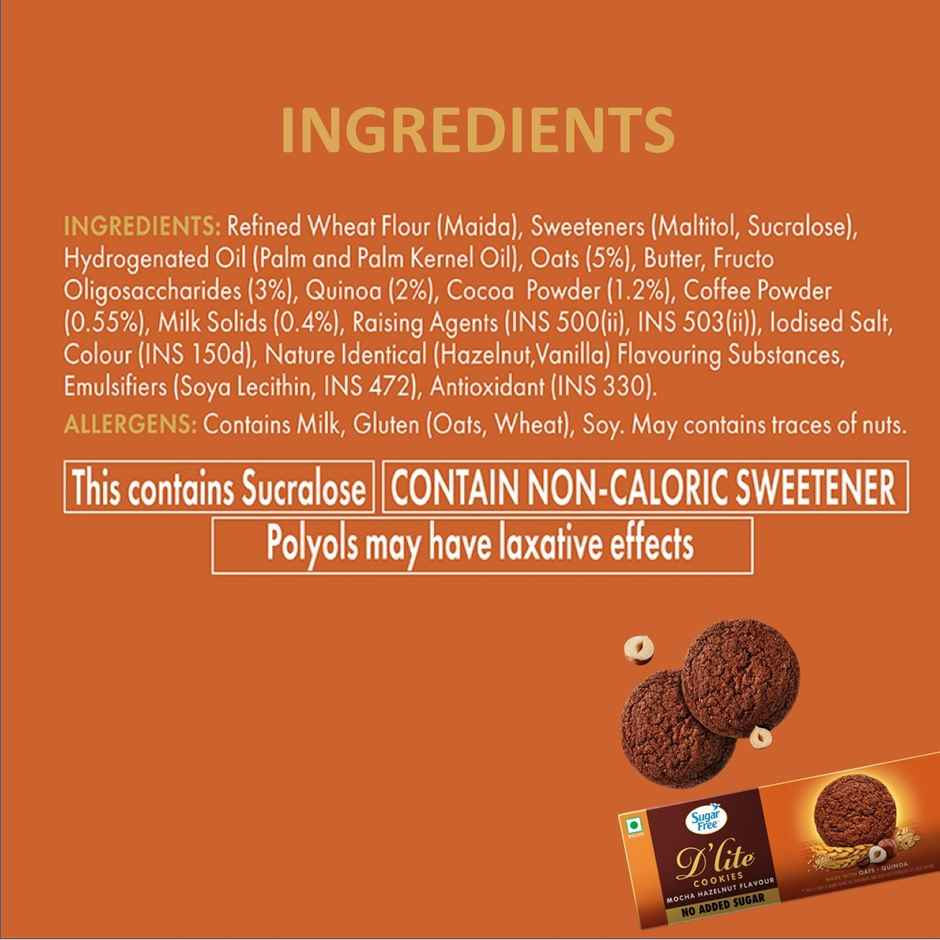 Sugar Free D'Lite Mocha Hazelnut Flavour Cookies | Zero Added Sugar | Made with Oats & Quinoa