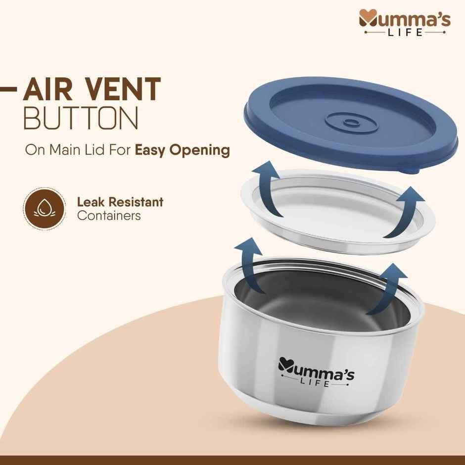Mumma s Life Stainless Steel Vacuum Insulated Lunch Box 3 Containers with Lid | 990 ml | Black