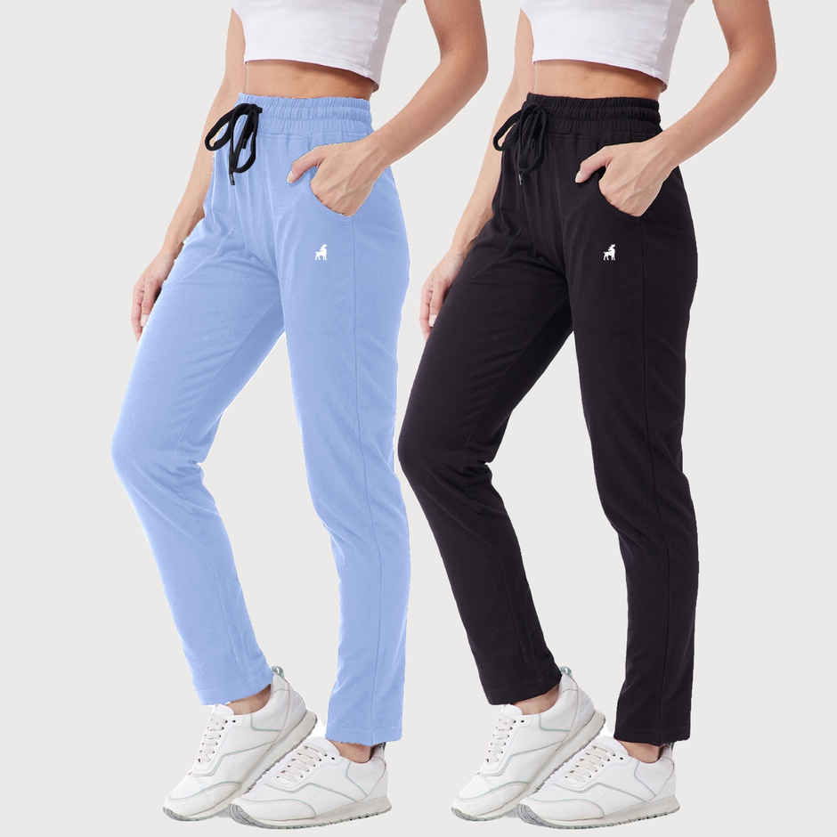 Modeve Women's Cotton Blend Solid Track Pant for Summer | Sky and Black | 2XL