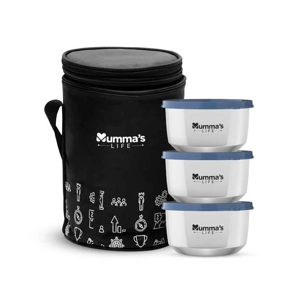 Mumma s Life Stainless Steel Vacuum Insulated Lunch Box 3 Containers with Lid | 990 ml | Black