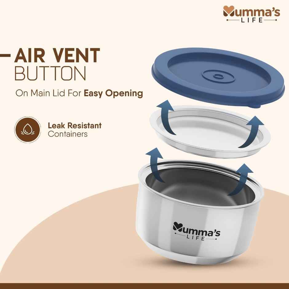 Mumma s Life Stainless Steel Vacuum Insulated Lunch Box 3 Containers with Lid | 990 ml | Black