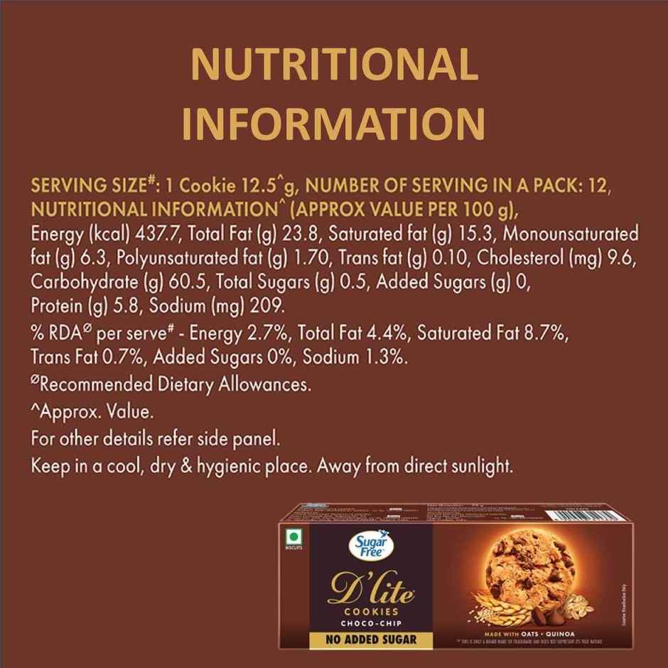 Sugar Free D'lite Choco Chip Cookies | Zero Added Sugar | Made With Oats & Quinoa