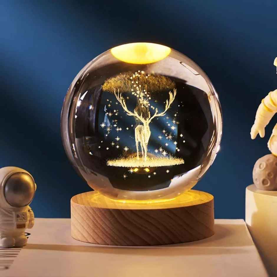 Hashwow Deer 3D Crystal Ball Night Light | 2.4 Inch LED Glass Lamp with Wooden Base|Gift
