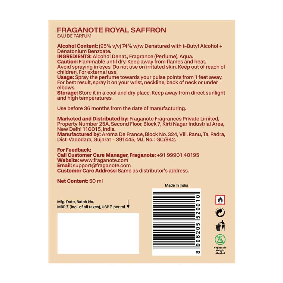 Fraganote Royal Saffron Unisex Eau De Perfume | Perfume for Him & Her