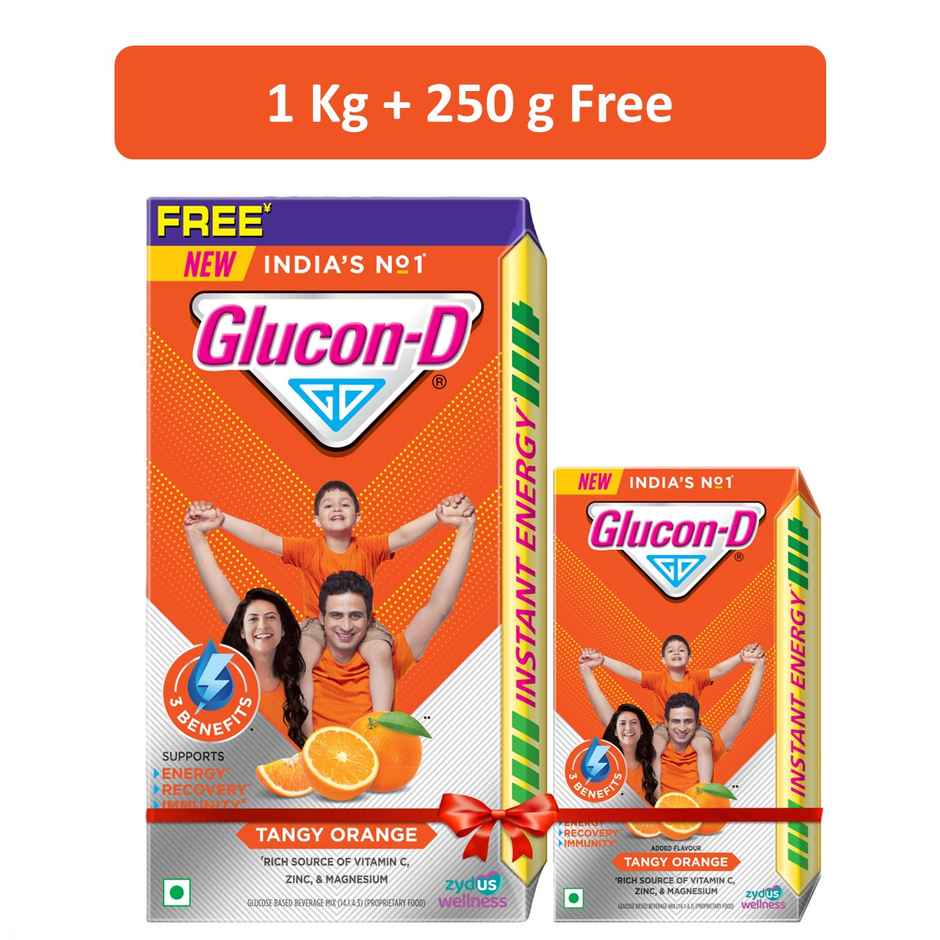 Glucon-D Tangy Orange with 3 Benefits of Energy, Recovery, and Immunity (Get 250 g Pack Free)
