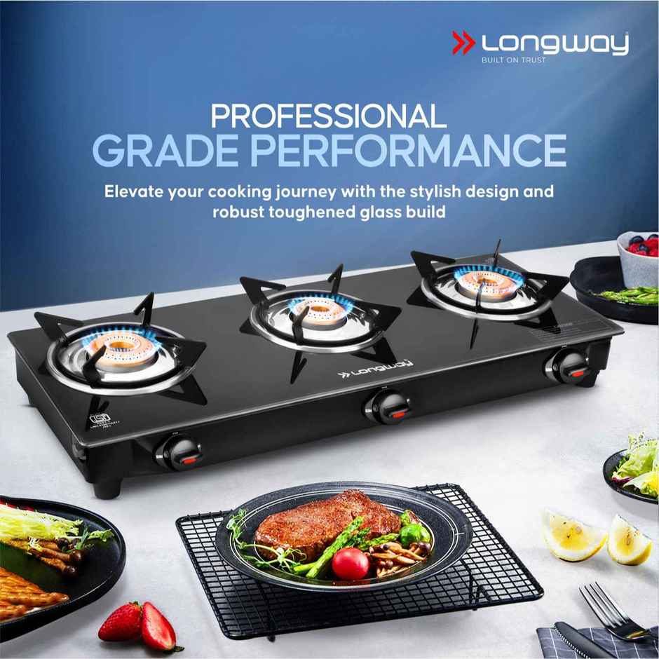 Longway 3 Burner Furn Glass Top | Manual Ignition Glass Gas Stove | ISI Certified