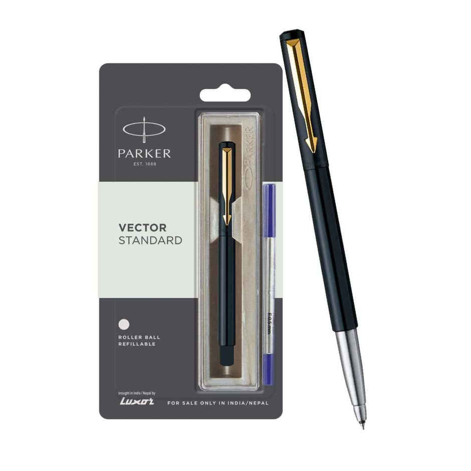 Parker Vector Standard Gold Trim Roller Ball Pen | Blue Ink | Writing Companion