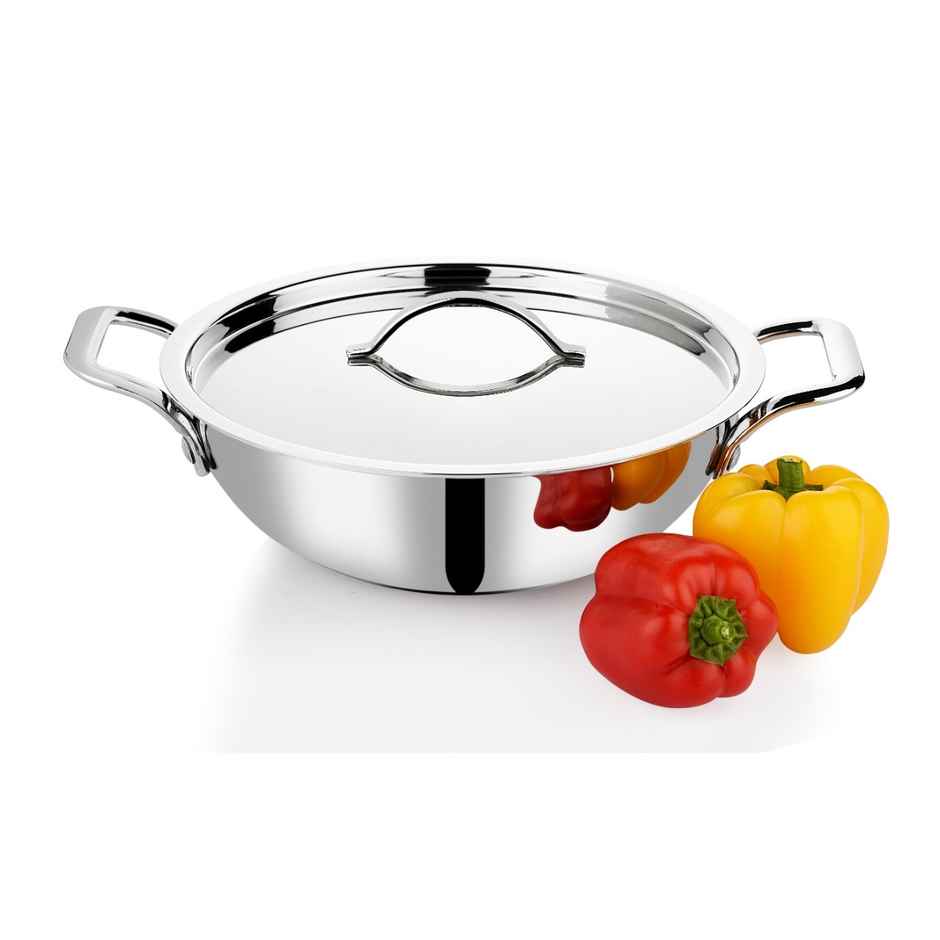 Bhalaria Triply Stainless Steel Kadai | 24 cm | 2.5 L | Glass Lid | Gas & Induction Compatible