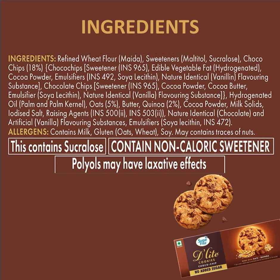 Sugar Free D'lite Choco Chip Cookies | Zero Added Sugar | Made With Oats & Quinoa