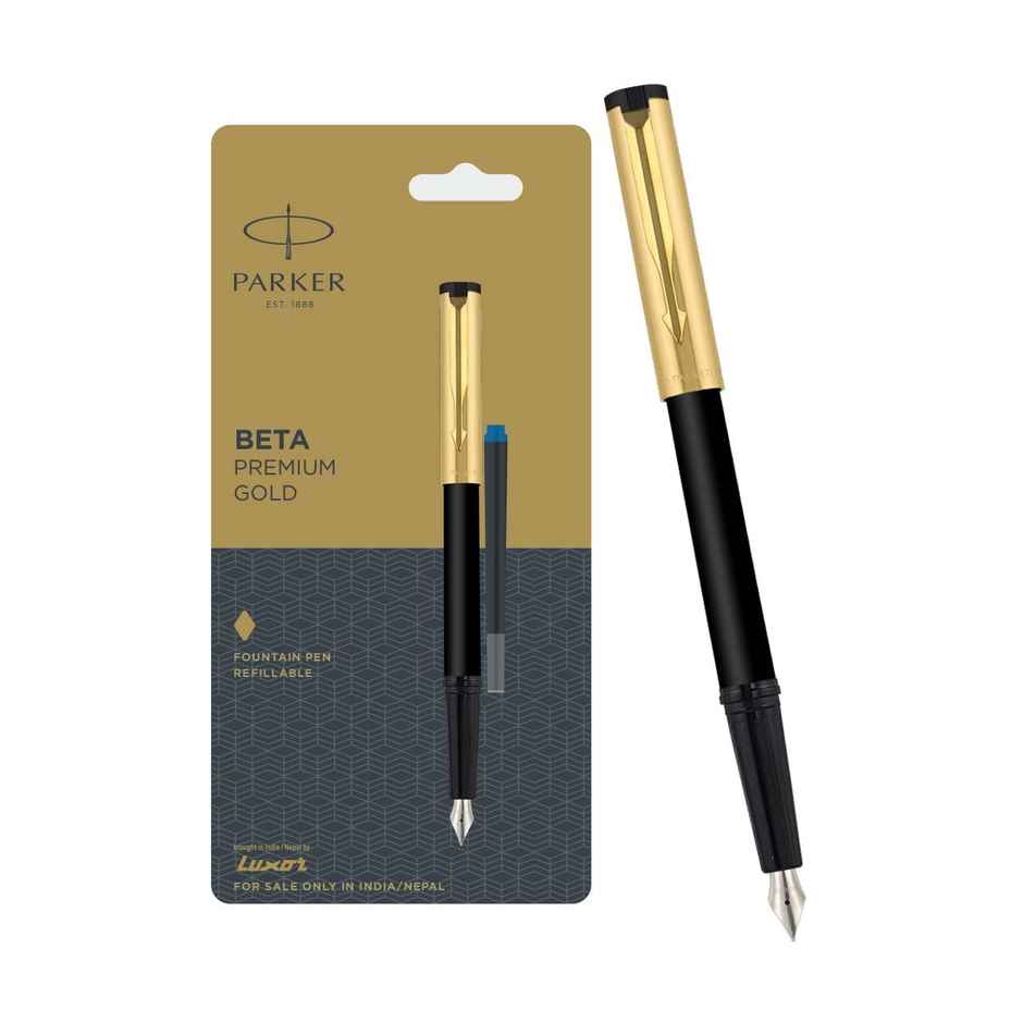 Parker Beta Premium Gold Trim Fountain Pen | Gold Finish Cap With 1 Ink Cartridge Ink Color - Blue
