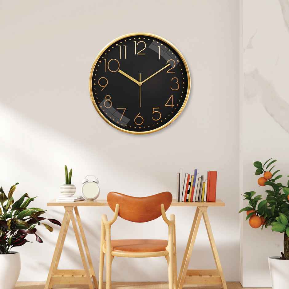 Homeharmony 12 Inch Modern Plastic Stylish Non Ticking Silent Analog Wall Clock - Balck and Gold