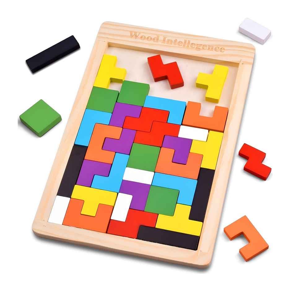 Toyshine 18cm Wooden Tetris Tangram Puzzle Board Colorful Geometric Shape Blocks Game Jigsaw