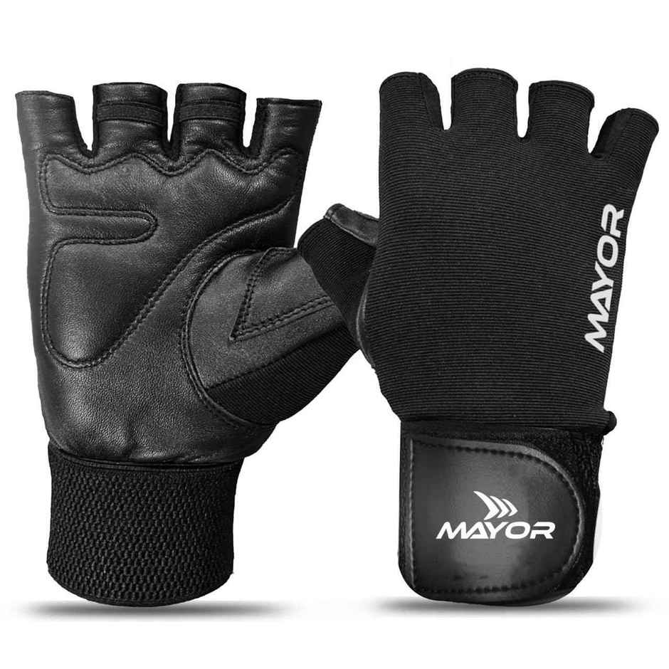 Mayor Force Leather Gym Gloves With Wrist Support (Free Size, Black)