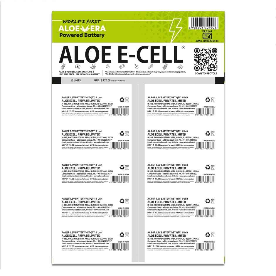 Aloe E-Cell World's First Aloe Vera Powered 100% Eco Friendly AA Battery - Pack of 10