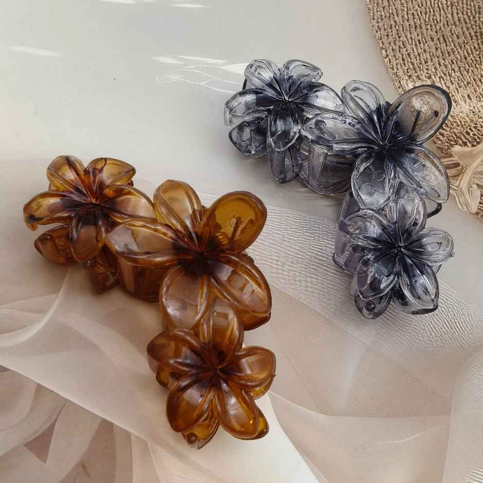 Flower Claw Clip Translucent Medium for Girls and Women - Brown and Grey