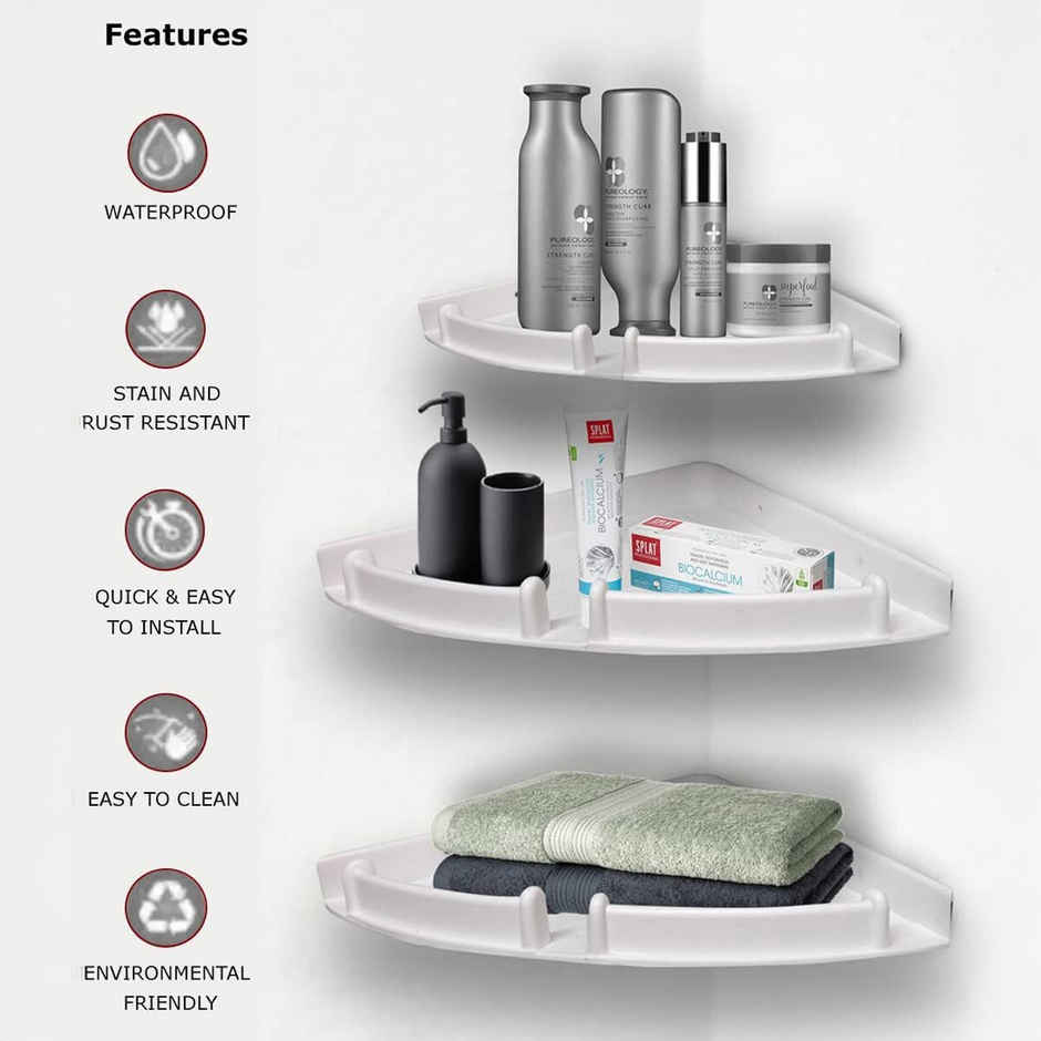 Daluci Unbreakable Wall Mount Corner Shelf For Bathroom | 3 Shelves | White