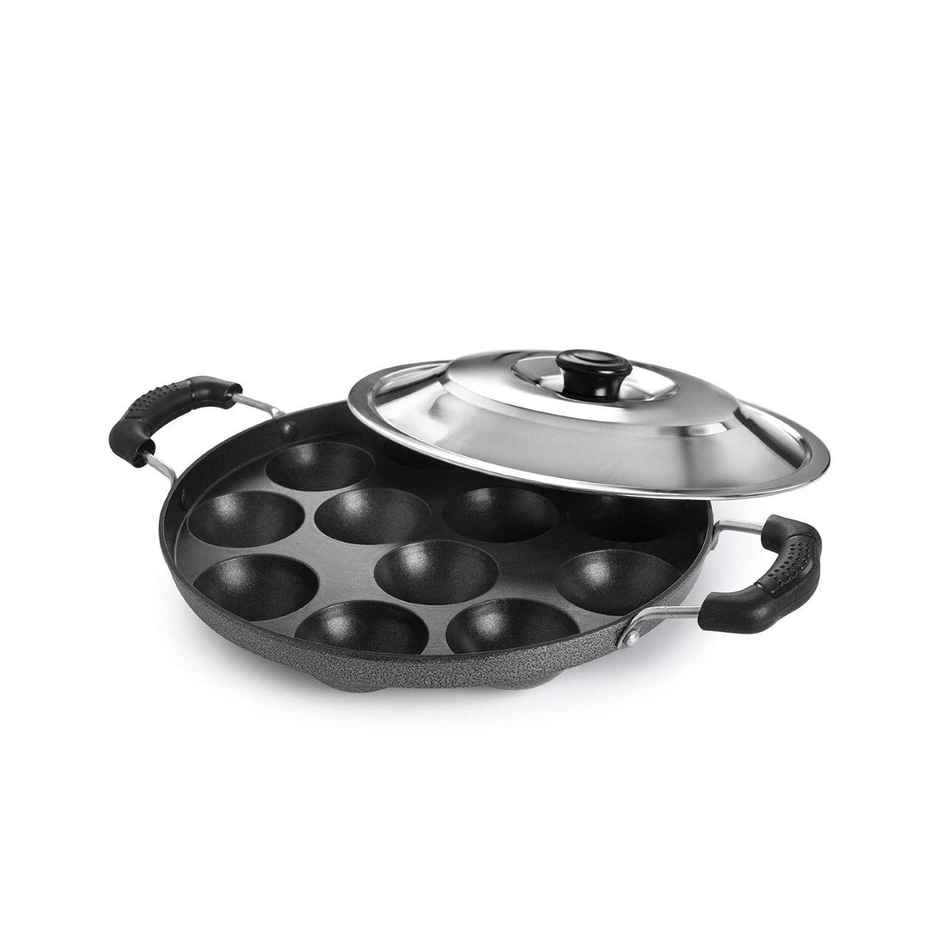 Tosaa 12 Cavity Appam Patra Paniyarakkal With Steel Lid & Wooden Picker- Color May Vary