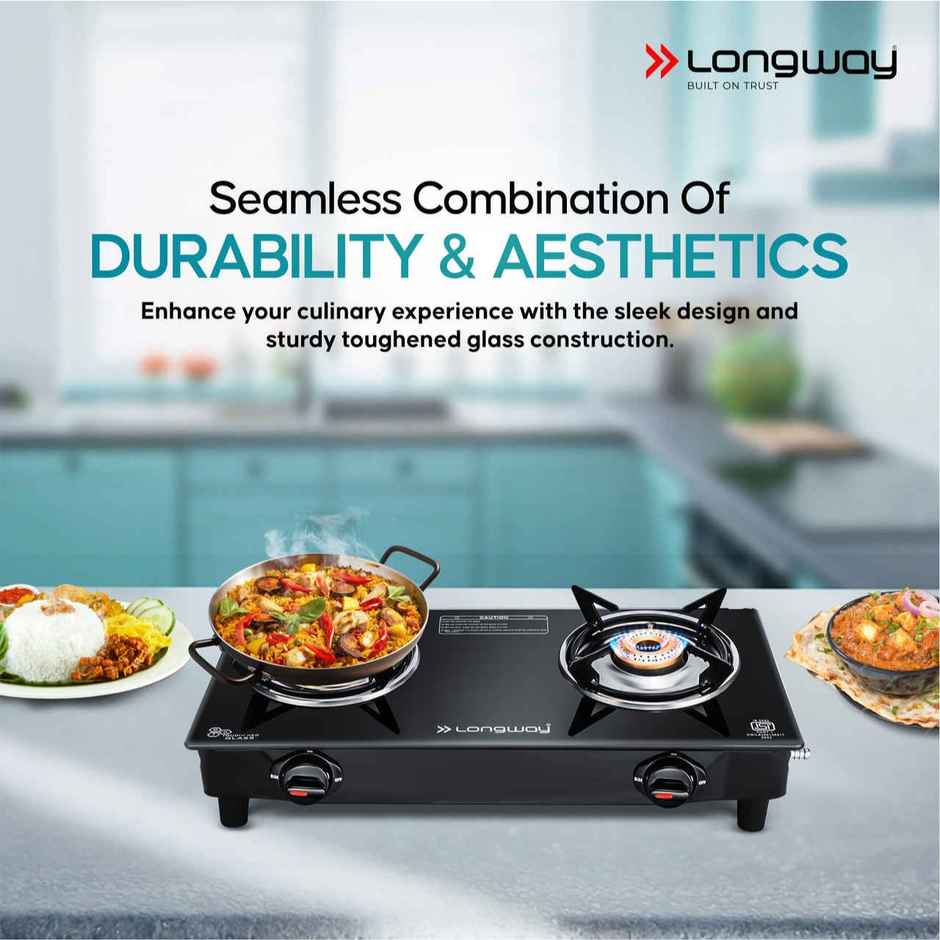 Longway 2 Burner Furn Glass Top | Auto Ignition Glass Gas Stove | ISI Certified | Black
