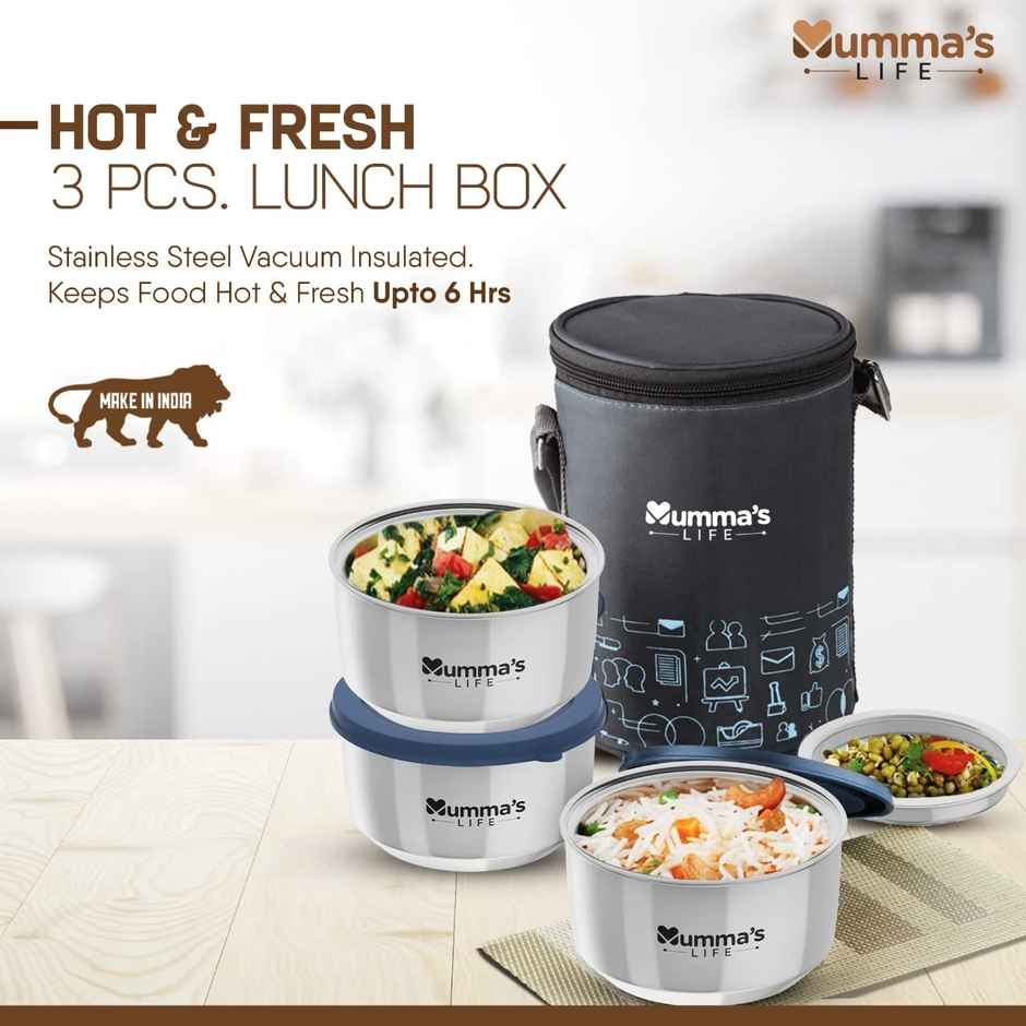 Mumma s Life Stainless Steel Vacuum Insulated Lunch Box 3 Containers with Lid | 990 ml | Black