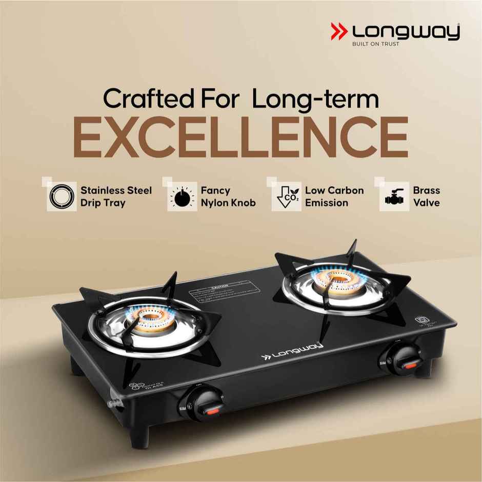 Longway 2 Burner Furn Glass Top | Auto Ignition Glass Gas Stove | ISI Certified | Black