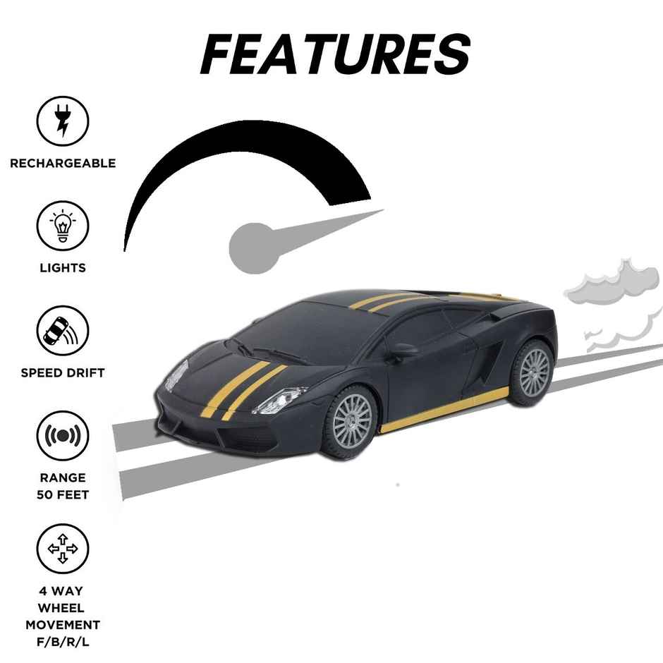 Race N Roll 1:24 Rechargeable Hi Speed Mini Remote Control Car - Lam Black Mat With Gold Strips