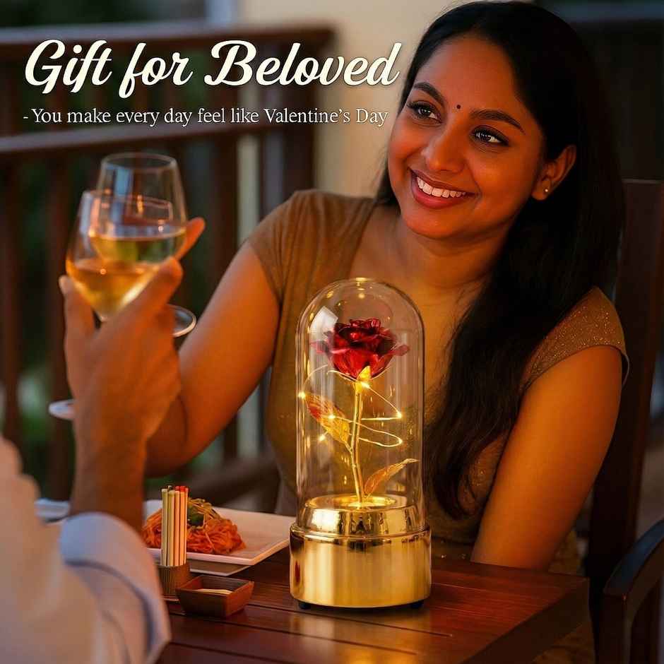 DesiDiya Rotating Rose Flower Lamp Glass Rose Forever Eternal Crystal Flower Light Up Metallic Rose