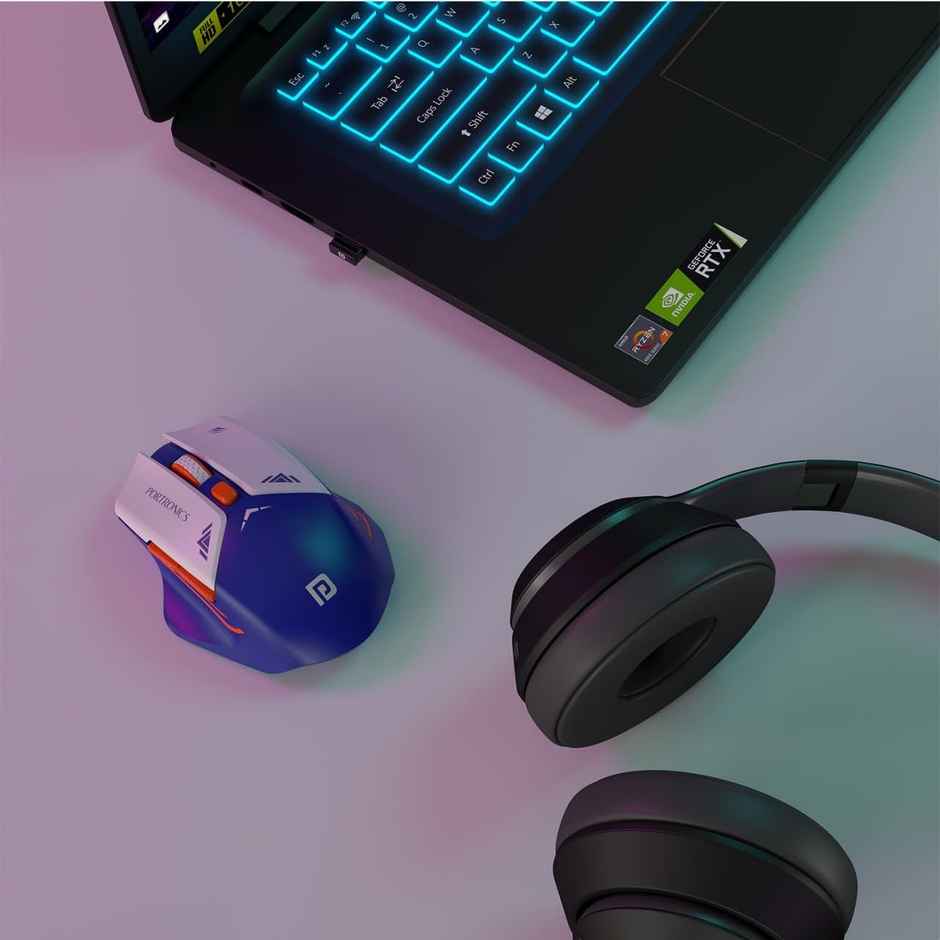 Portronics Vader Pro Wireless Gaming Mouse with 2.4 GHz Receiver, 6 Buttons, Thumb Support, High-Precision Tracking, Ergonomic Comfort, Adjustable Optical DPI for Laptop, PC, Mac - Indigo Blue