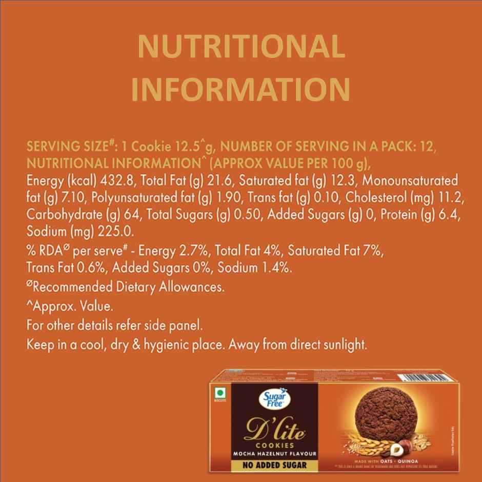 Sugar Free D'lite Mocha Hazelnut Flavour Cookies | Zero Added Sugar | Made With Oats & Quinoa