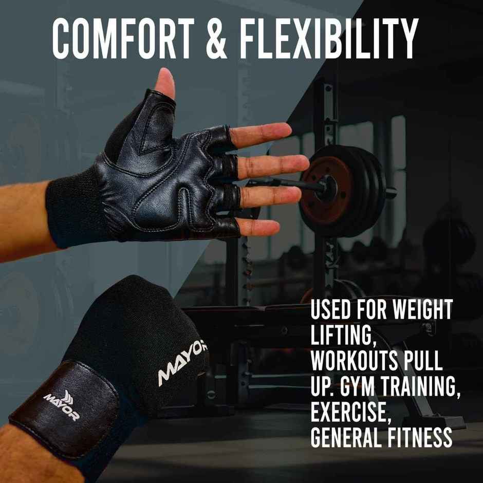 Mayor Force Leather Gym Gloves With Wrist Support (Free Size, Black)