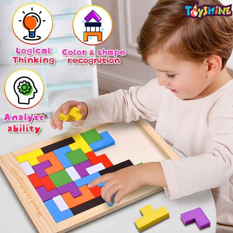 Toyshine 18cm Wooden Tetris Tangram Puzzle Board Colorful Geometric Shape Blocks Game Jigsaw