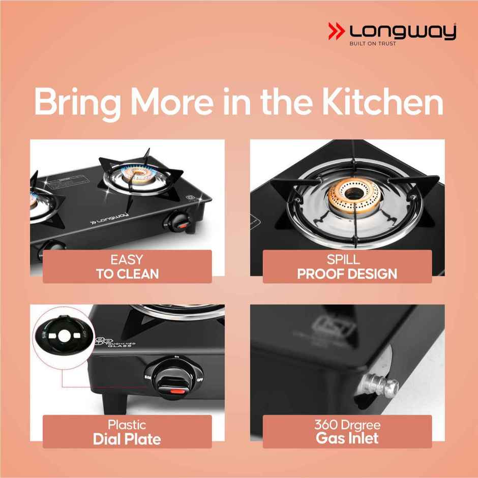 Longway 2 Burner Furn Glass Top | Auto Ignition Glass Gas Stove | ISI Certified | Black