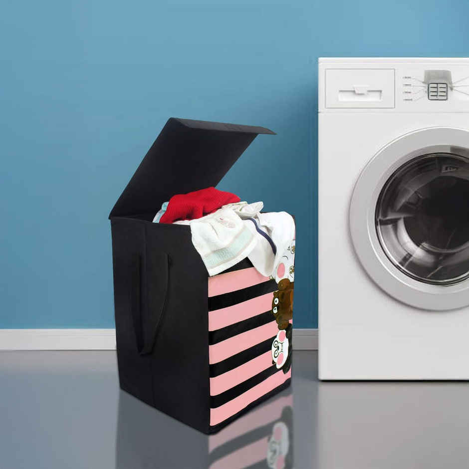 Prettykrafts Large Striped Panda Foldable Laundry & Storage Basket With Lid, 75 Ltr