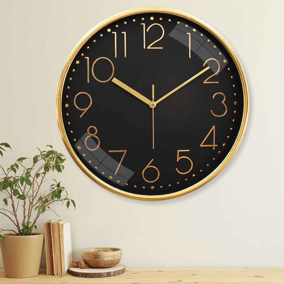Homeharmony 12 Inch Modern Plastic Stylish Non Ticking Silent Analog Wall Clock - Balck and Gold
