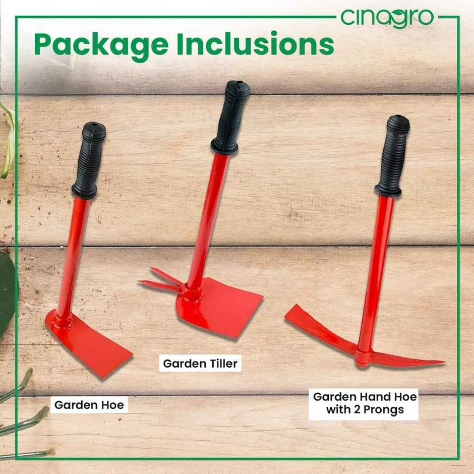 Cinagro Garden Tools - 3 Pcs | Hoe | Tiller and Hand Hoe with 2 Prongs