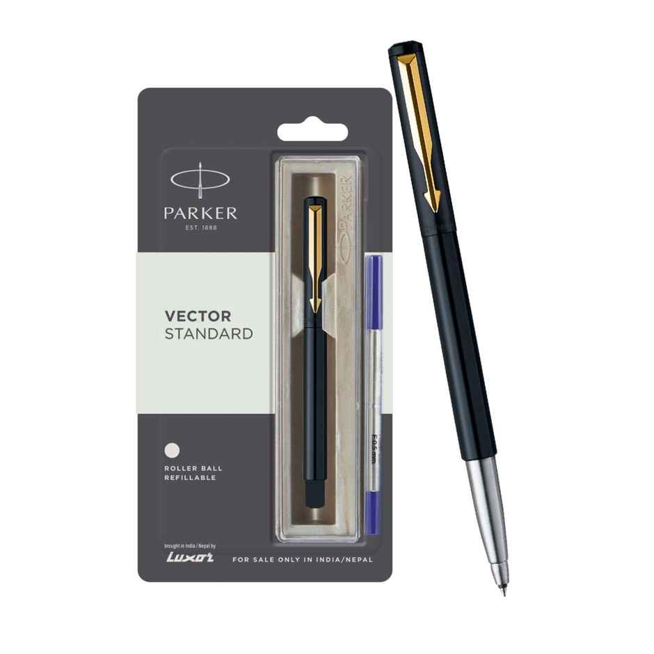 Parker Vector Standard Gold Trim Roller Ball Pen | Ink Color -Blue |Built for long writing sessions