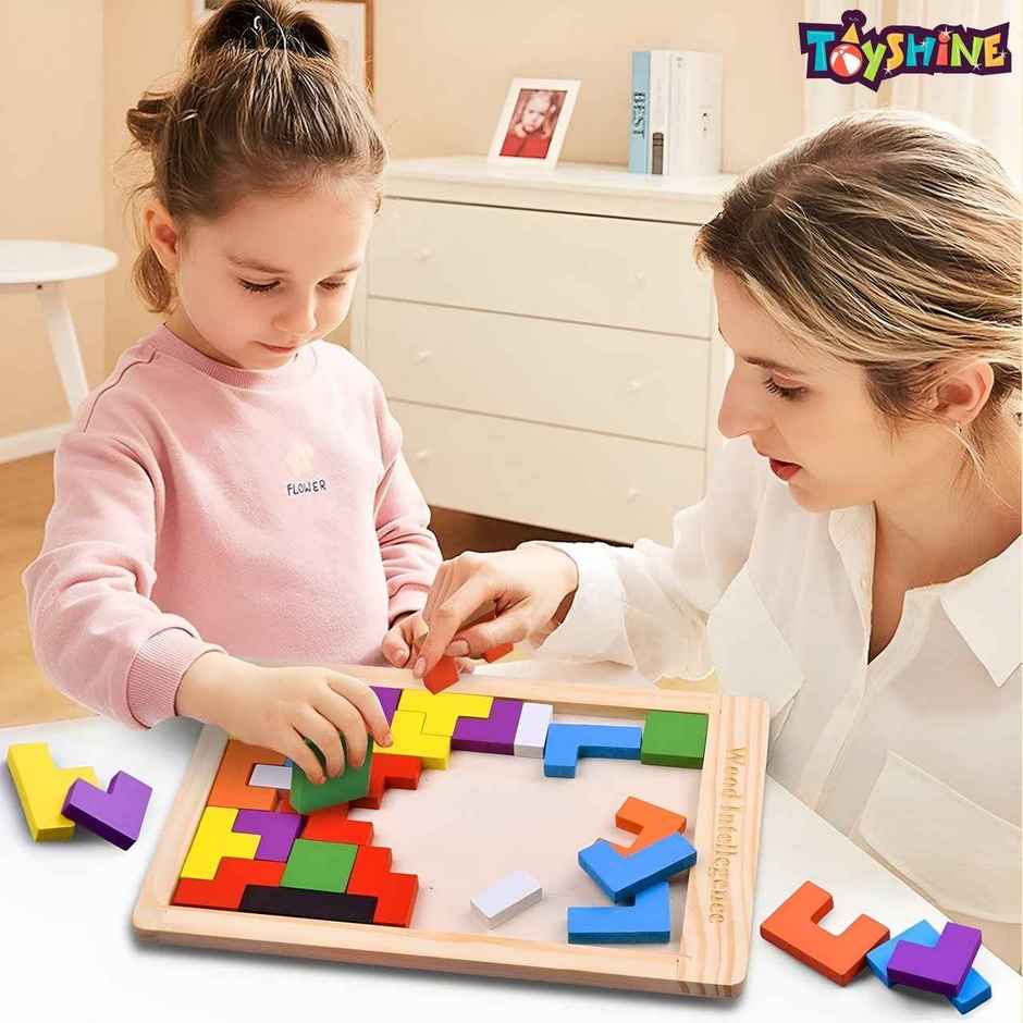 Toyshine 18cm Wooden Tetris Tangram Puzzle Board Colorful Geometric Shape Blocks Game Jigsaw
