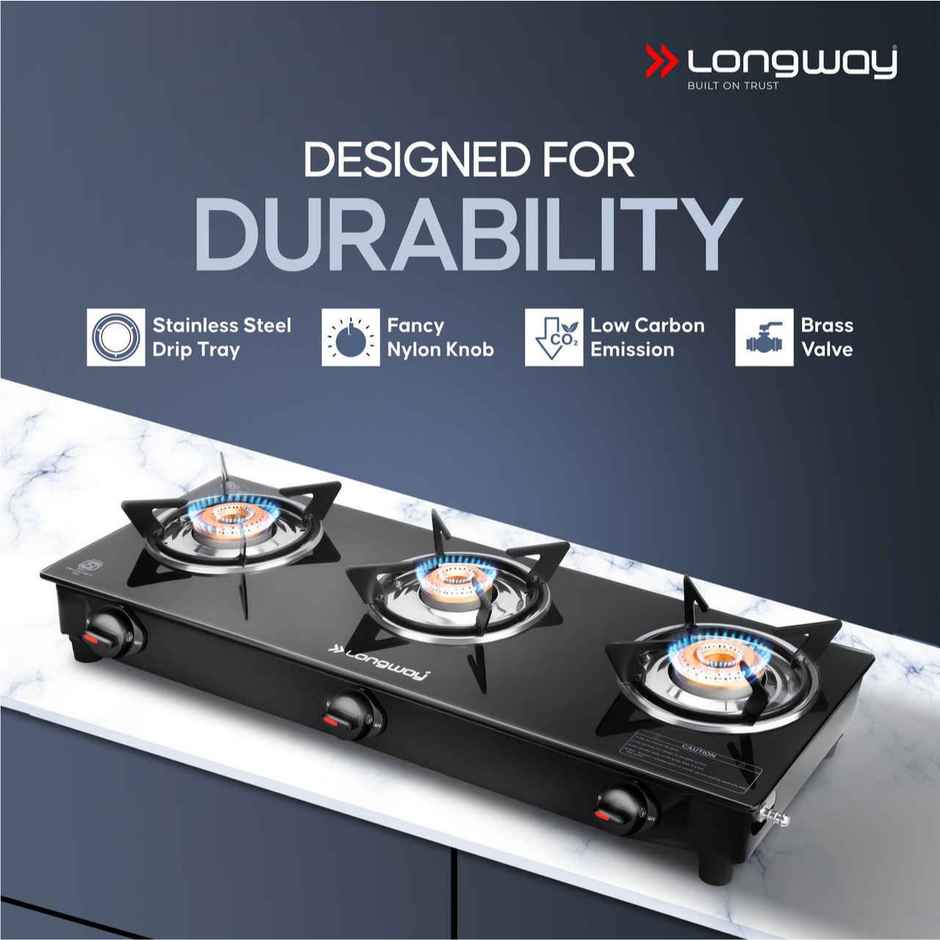 Longway 3 Burner Furn Glass Top | Auto Ignition Glass Gas Stove | ISI Certified | Black