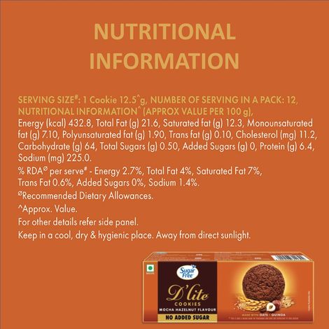 Sugar Free D'Lite Mocha Hazelnut Flavour Cookies | Zero Added Sugar | Made with Oats & Quinoa