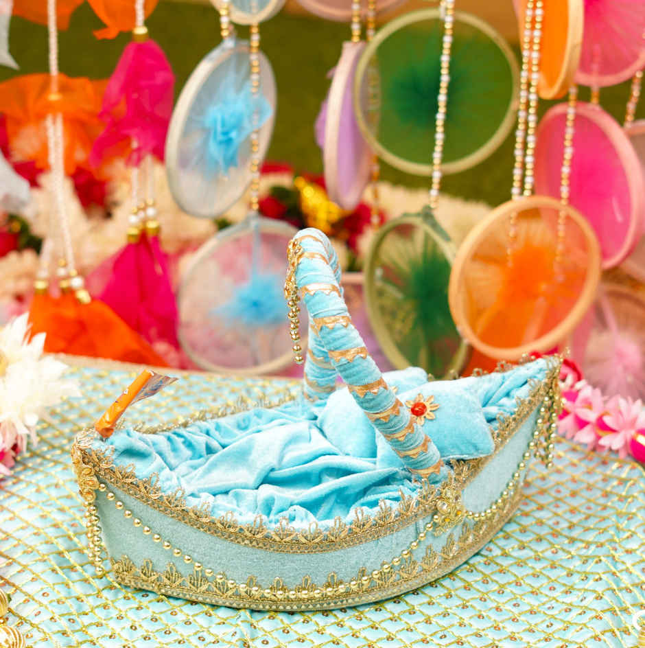 Laddu Gopal Premium Sky Blue Boat Bed | 13 x 7 x 4 | Fits Idol 0-4 | Krishna Janmastami | ServDharm