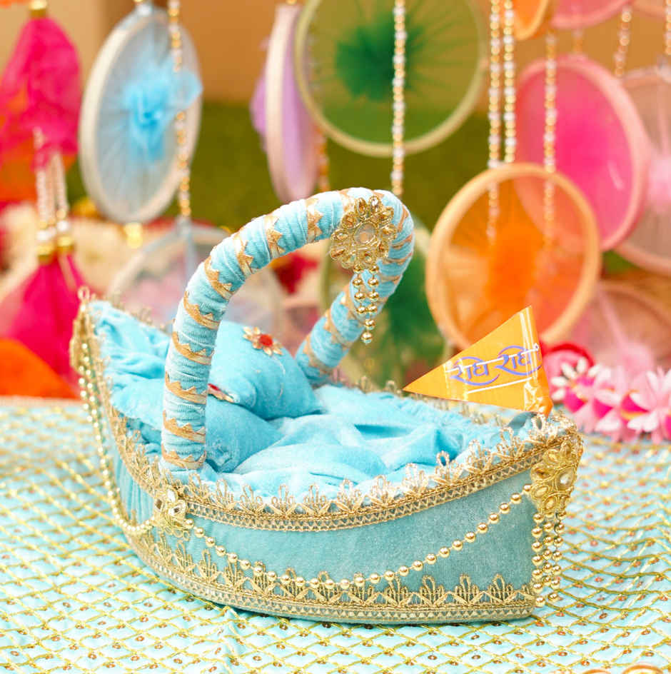 Laddu Gopal Premium Sky Blue Boat Bed | 13 x 7 x 4 | Fits Idol 0-4 | Krishna Janmastami | ServDharm