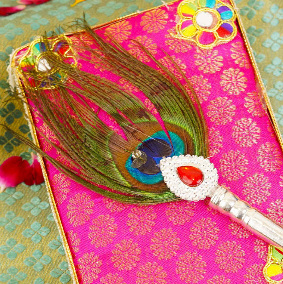 Premium 925 Silver Peacock Feather Mor Chhadi | Wooden Base | 2 in | Krishna Janmastami | ServDharm