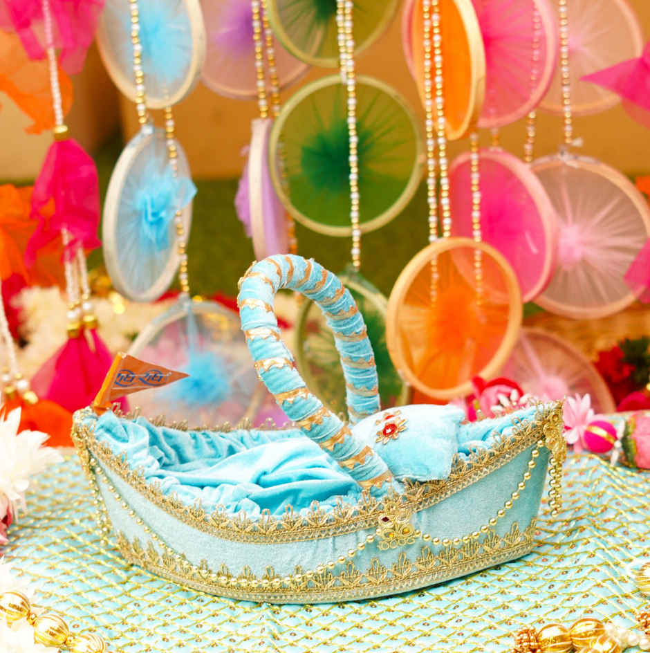 Laddu Gopal Premium Sky Blue Boat Bed | 13 x 7 x 4 | Fits Idol 0-4 | Krishna Janmastami | ServDharm