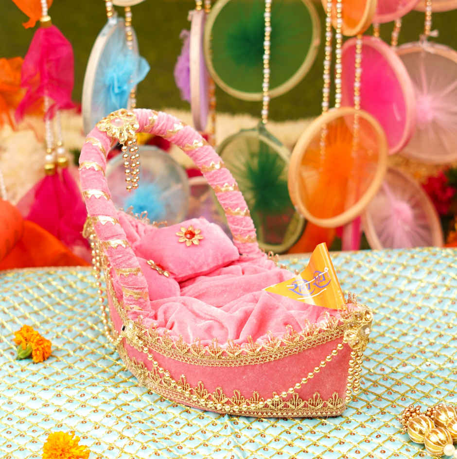 Laddu Gopal Premium Pink Velvet Boat Bed | Fits Idol Size 0 - 4 (ServDharm)