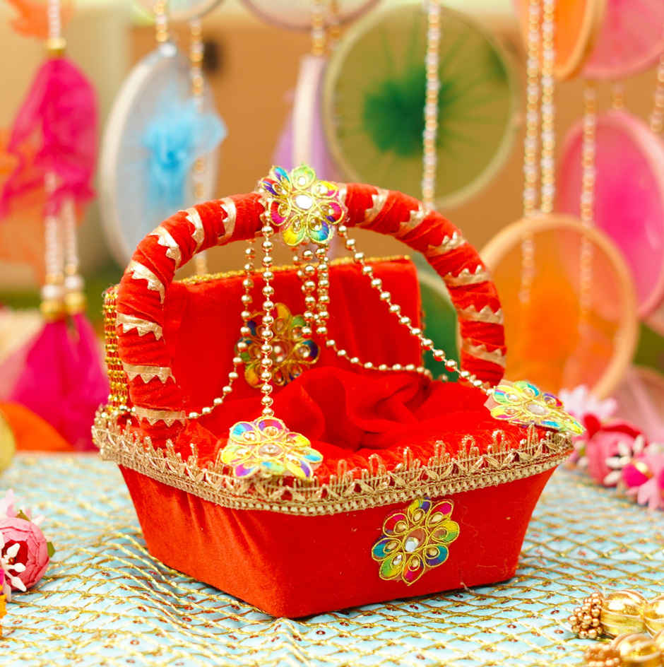 Red Velvet Laddu Gopal Regal Tokri Bed | 7.2 x 6.5x 6.5 in | Fits Idol Size 0-4 | Krishna Janmastami Special (ServDharm)
