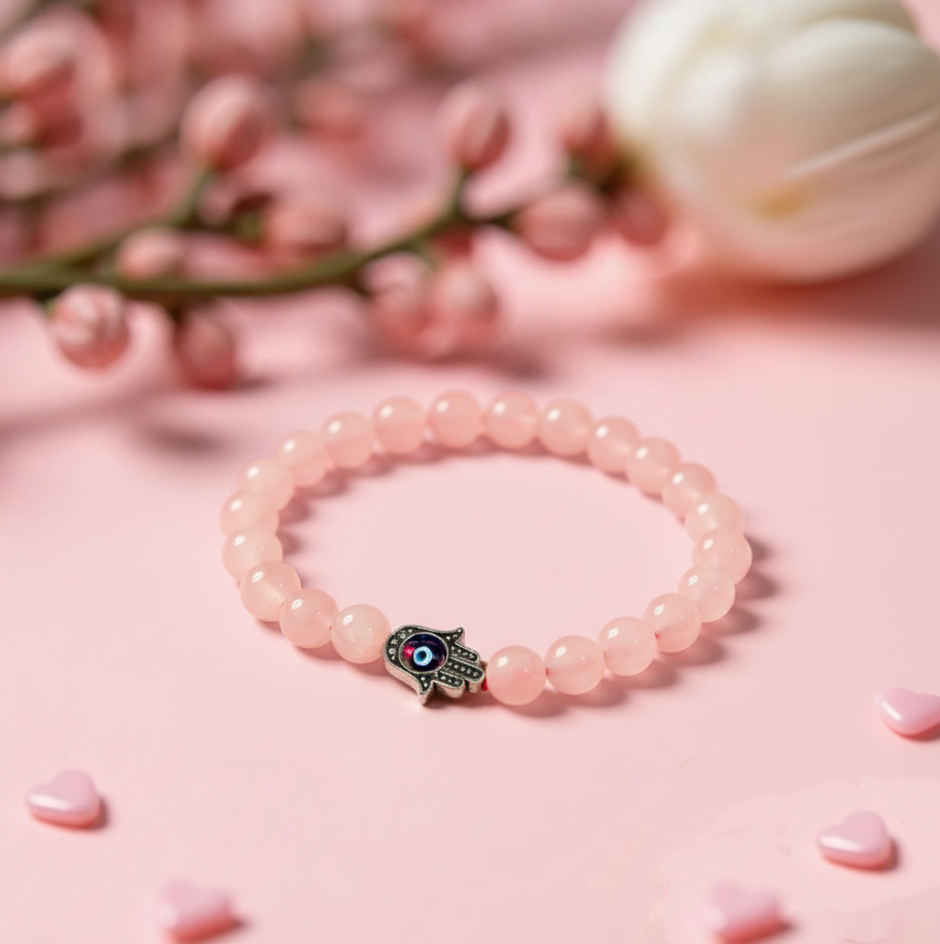 Rose Quartz Bracelet with Hamsa and Evil Eye 8 mm | Natural Gemstones | Pack of 1 | ServDharm