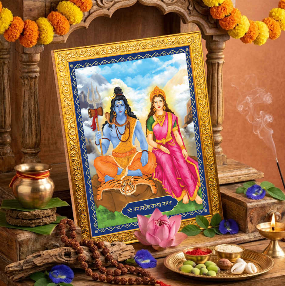 Shiv Parvati Deity Golden Photo Frame | 22 cm x 17 cm | ServDharm