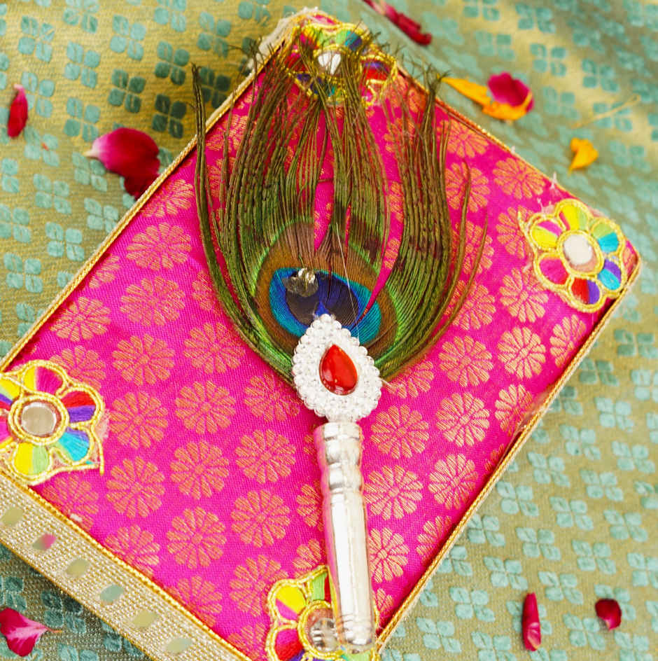 Premium Vintage Style 925 Sterling Silver with Wooden Base Peacock Feather Mor Chhadi - 2 in| Krishna Janmastami Special (ServDharm)