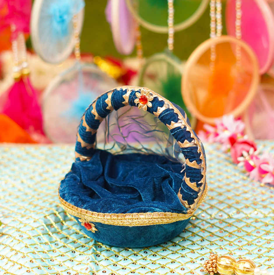 Navy Blue Premium Bal Gopal Velvet Tokri Bed | Fits Idol Size 0-4 | Krishna Janmastami Special (ServDharm)