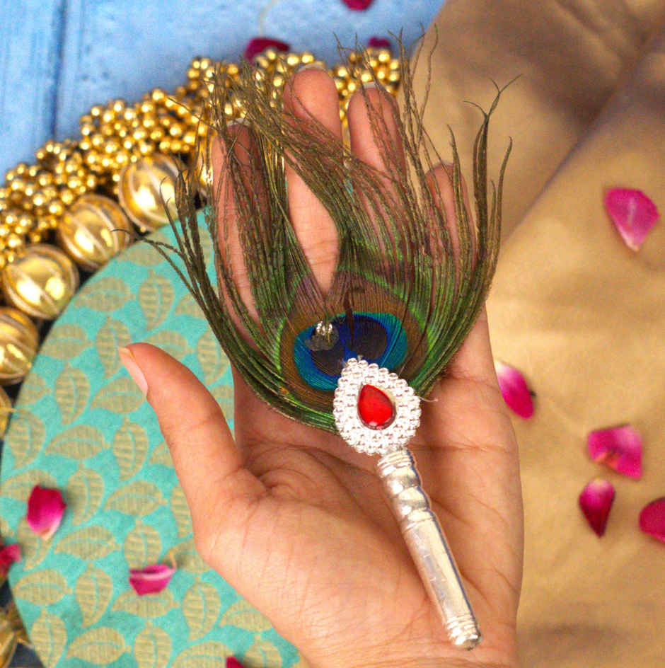 Premium Vintage Style 925 Sterling Silver with Wooden Base Peacock Feather Mor Chhadi - 2 in| Krishna Janmastami Special (ServDharm)